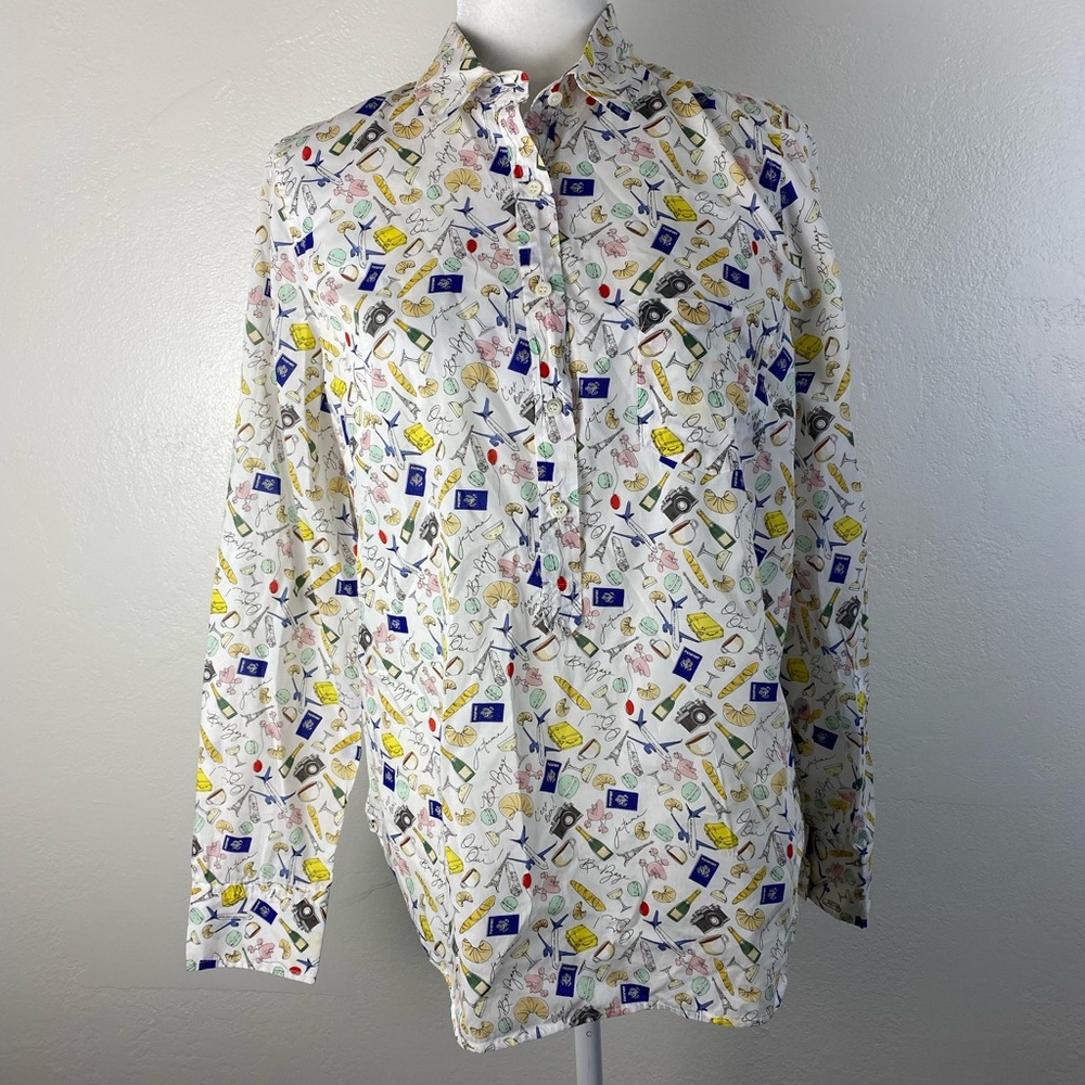 J. Crew Paris Print  Shirt Collared Pop Over Style w Buttons  French France
